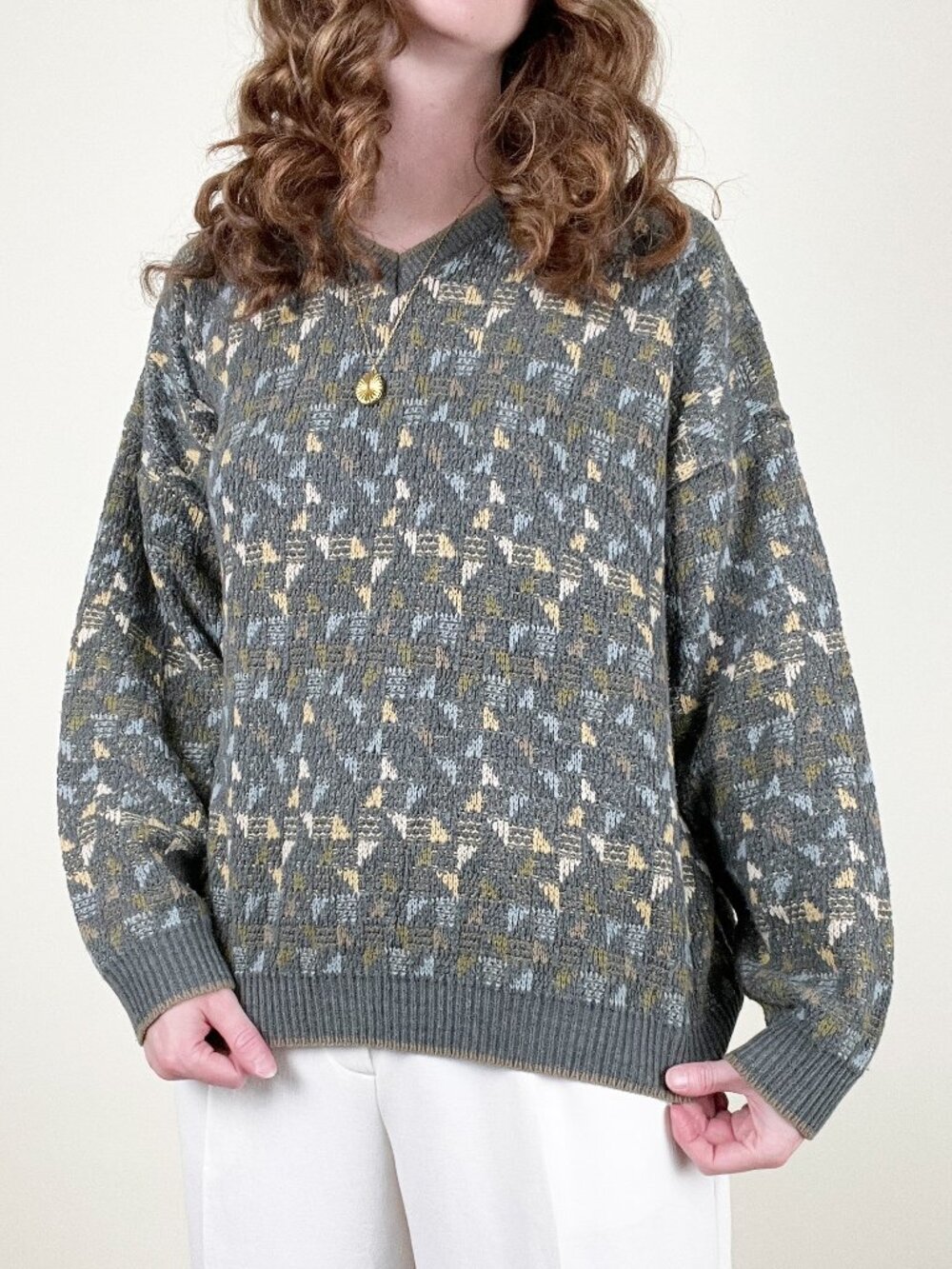 Vintage 3D Knit Oversized Sweater Loose Relaxed Fit Slouchy Sporty 90's 1990s